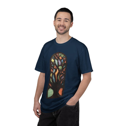 Stained Glass Tree T-Shirt — Colorful Arched Window Art Tee