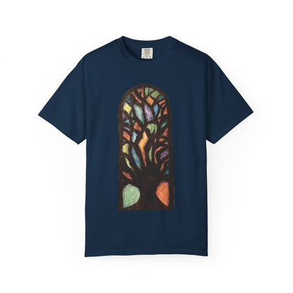 Stained Glass Tree T-Shirt — Colorful Arched Window Art Tee