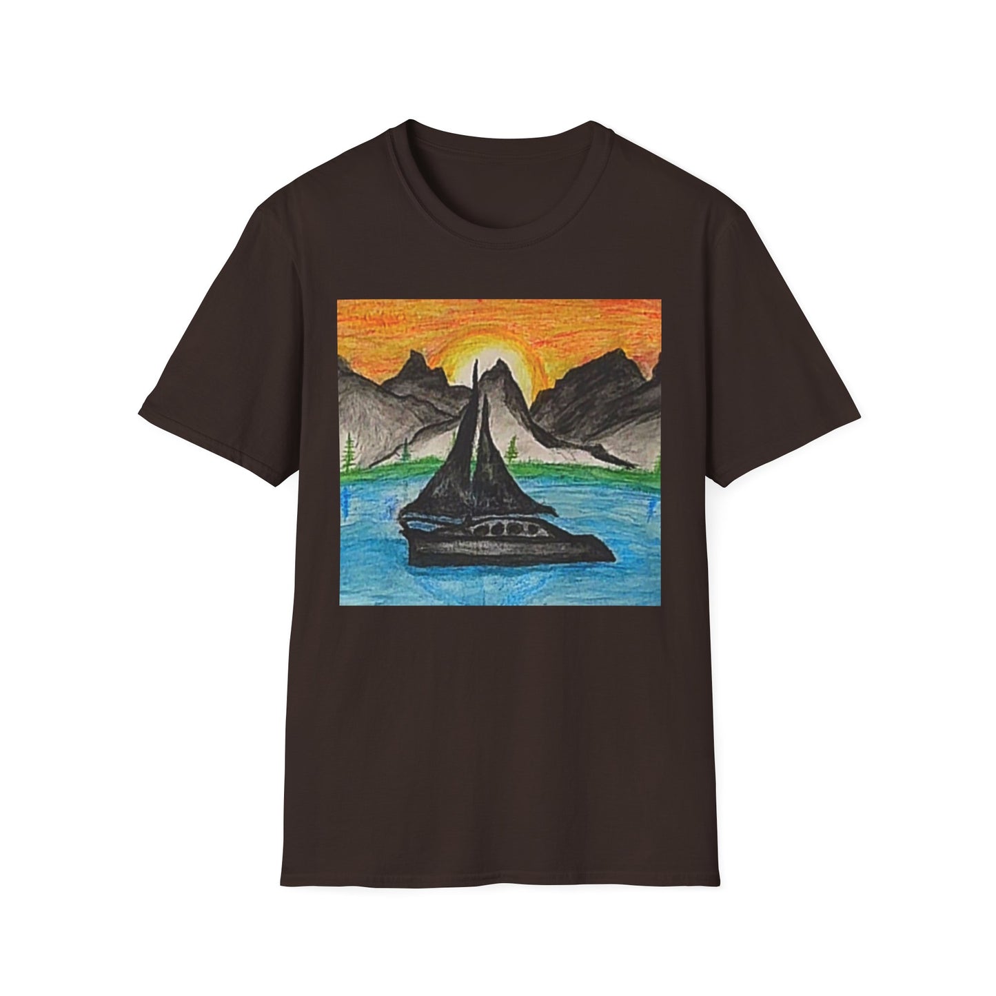 Whale Sunset Tee — Hand-Drawn Orca in Ocean with Mountain Sunrise