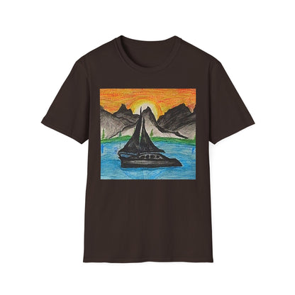 Whale Sunset Tee — Hand-Drawn Orca in Ocean with Mountain Sunrise
