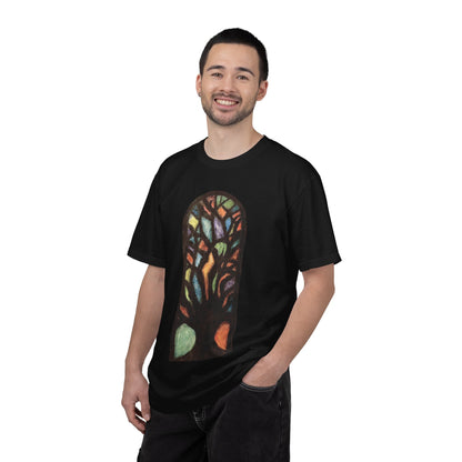 Stained Glass Tree T-Shirt — Colorful Arched Window Art Tee