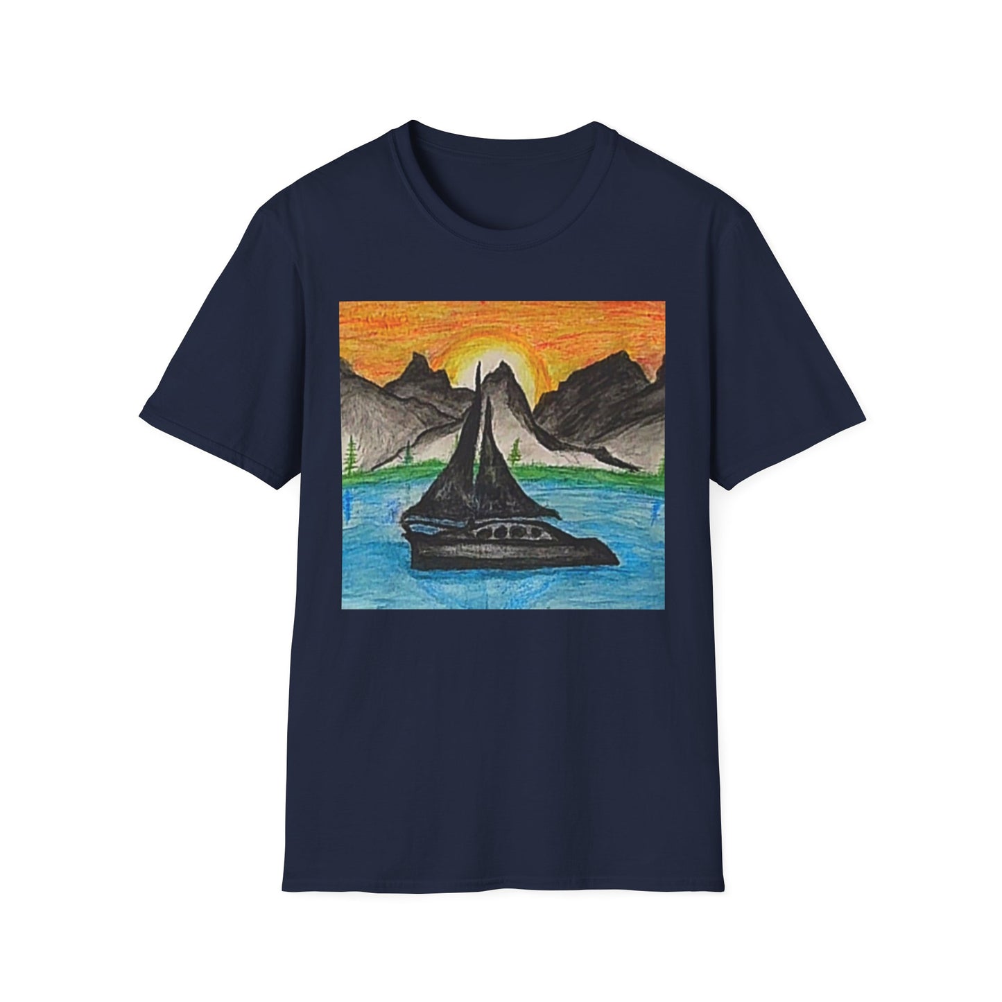 Whale Sunset Tee — Hand-Drawn Orca in Ocean with Mountain Sunrise