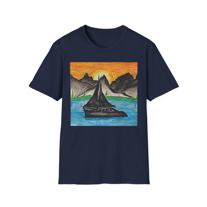 Whale Sunset Tee — Hand-Drawn Orca in Ocean with Mountain Sunrise