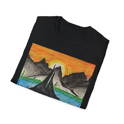 Whale Sunset Tee — Hand-Drawn Orca in Ocean with Mountain Sunrise