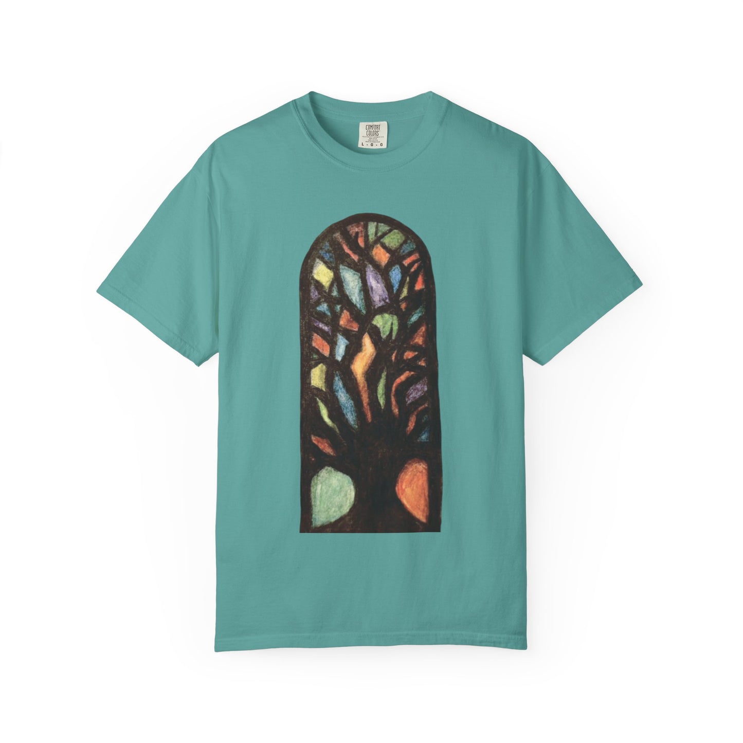 Stained Glass Tree T-Shirt — Colorful Arched Window Art Tee