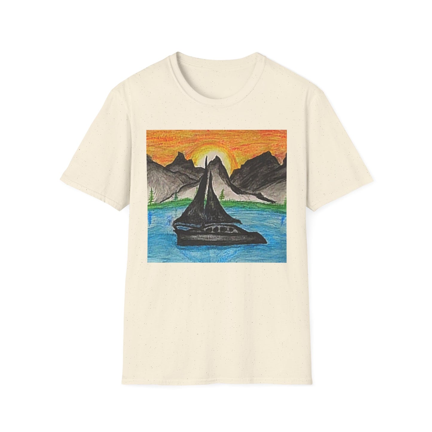 Whale Sunset Tee — Hand-Drawn Orca in Ocean with Mountain Sunrise