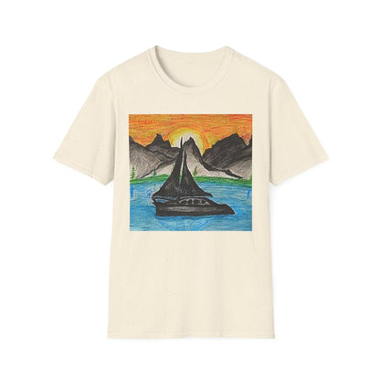 Whale Sunset Tee — Hand-Drawn Orca in Ocean with Mountain Sunrise