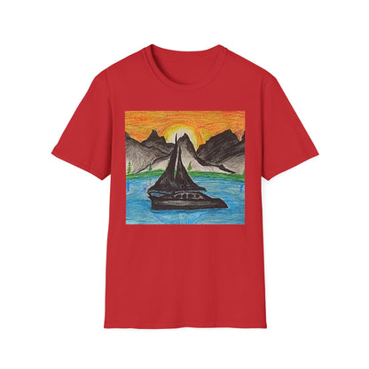 Whale Sunset Tee — Hand-Drawn Orca in Ocean with Mountain Sunrise