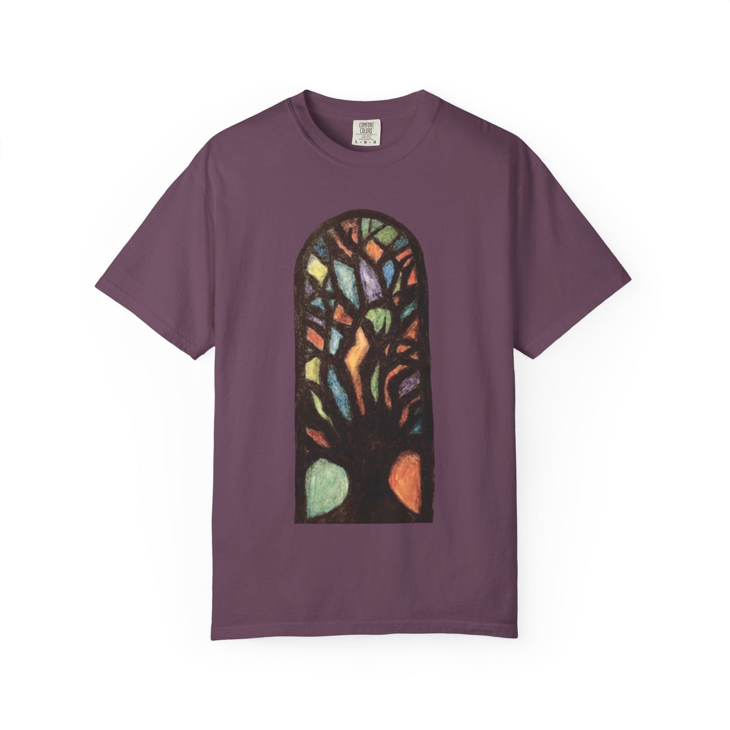Stained Glass Tree T-Shirt — Colorful Arched Window Art Tee