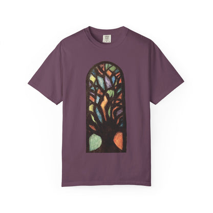 Stained Glass Tree T-Shirt — Colorful Arched Window Art Tee