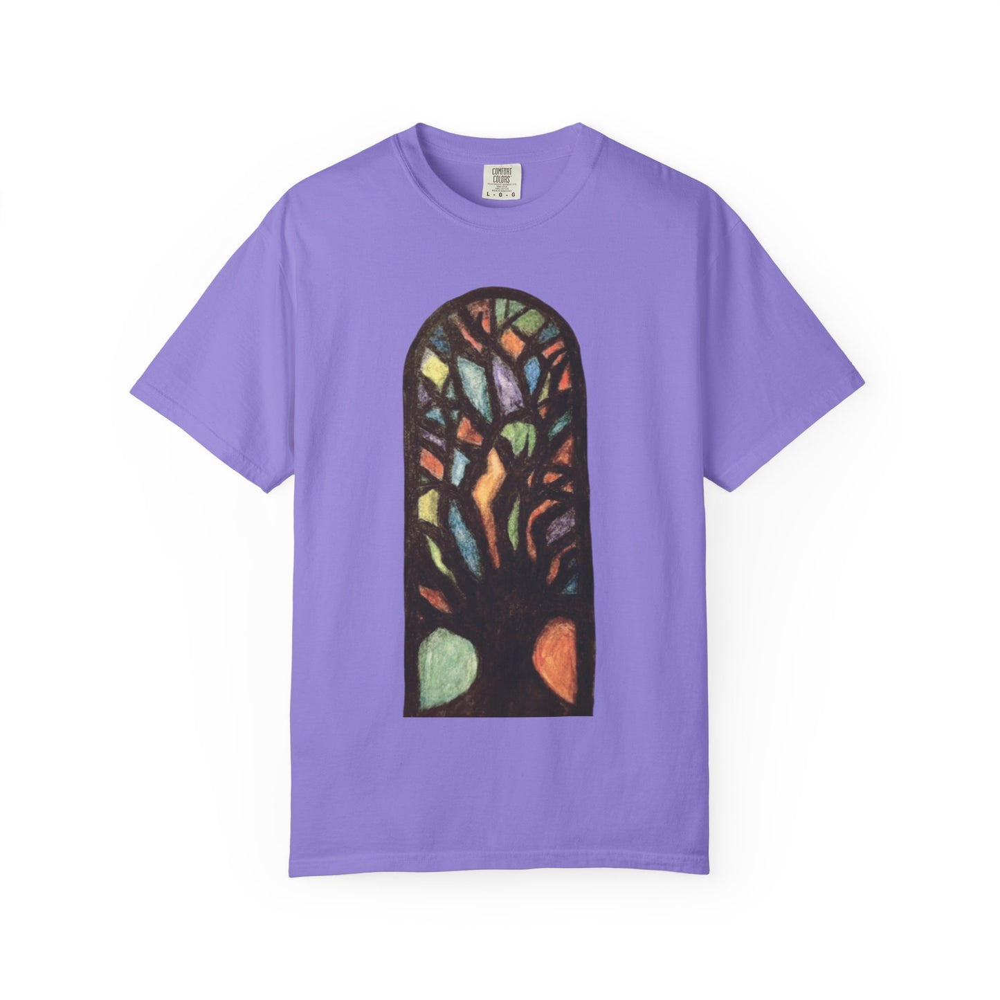 Stained Glass Tree T-Shirt — Colorful Arched Window Art Tee