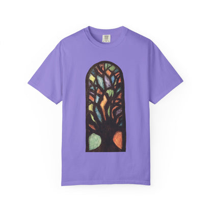 Stained Glass Tree T-Shirt — Colorful Arched Window Art Tee