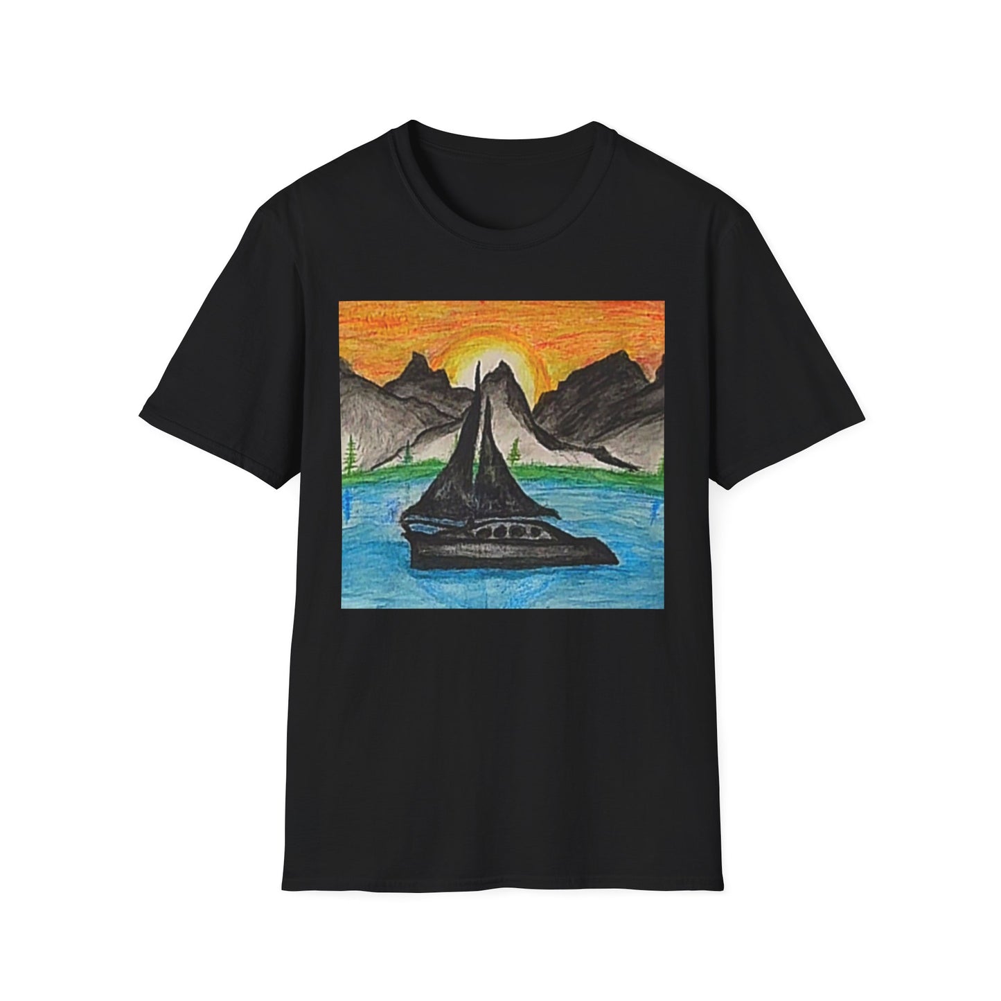 Whale Sunset Tee — Hand-Drawn Orca in Ocean with Mountain Sunrise