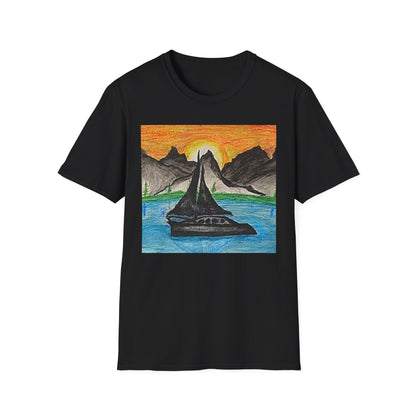 Whale Sunset Tee — Hand-Drawn Orca in Ocean with Mountain Sunrise