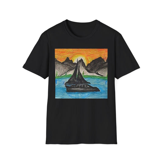 Whale Sunset Tee — Hand-Drawn Orca in Ocean with Mountain Sunrise