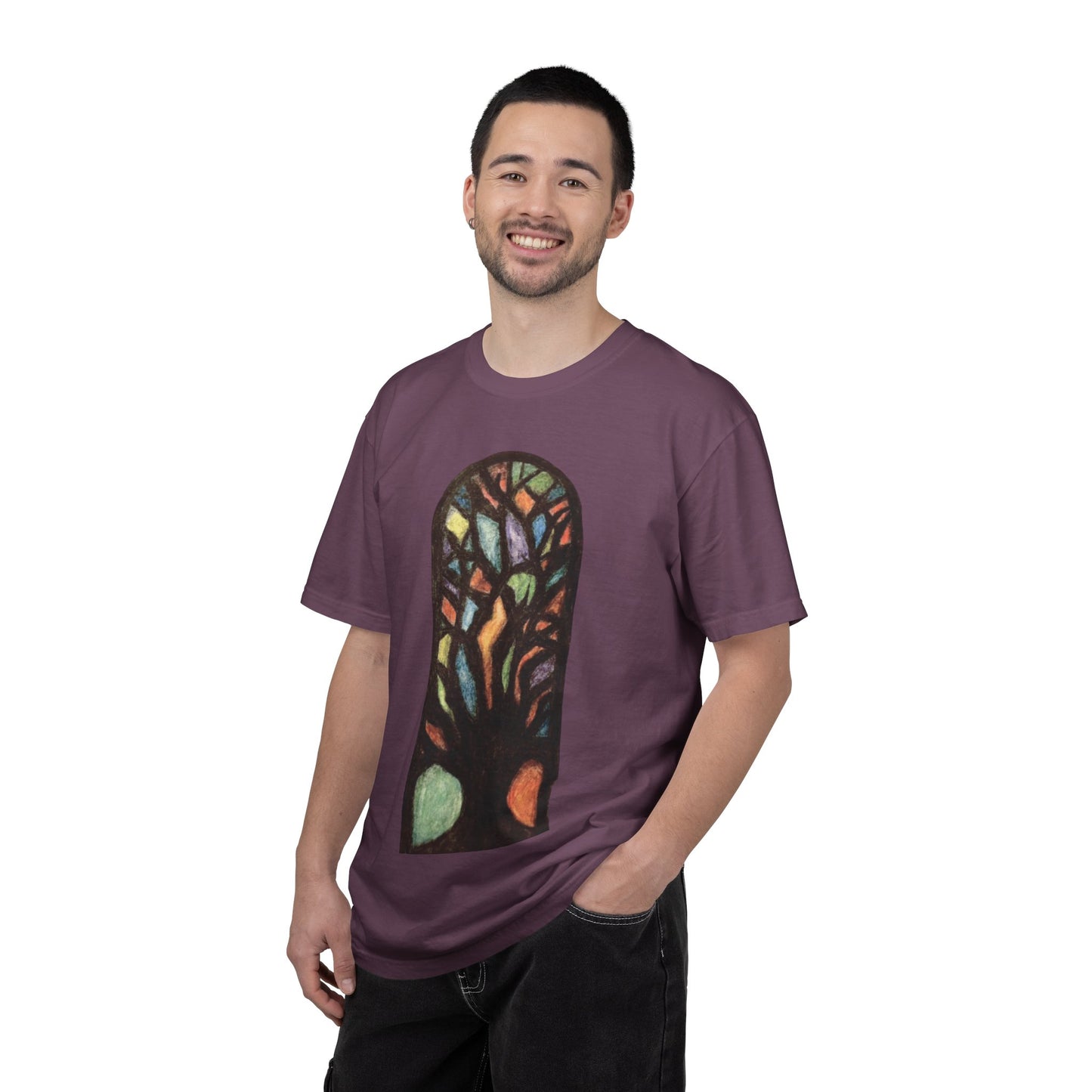 Stained Glass Tree T-Shirt — Colorful Arched Window Art Tee