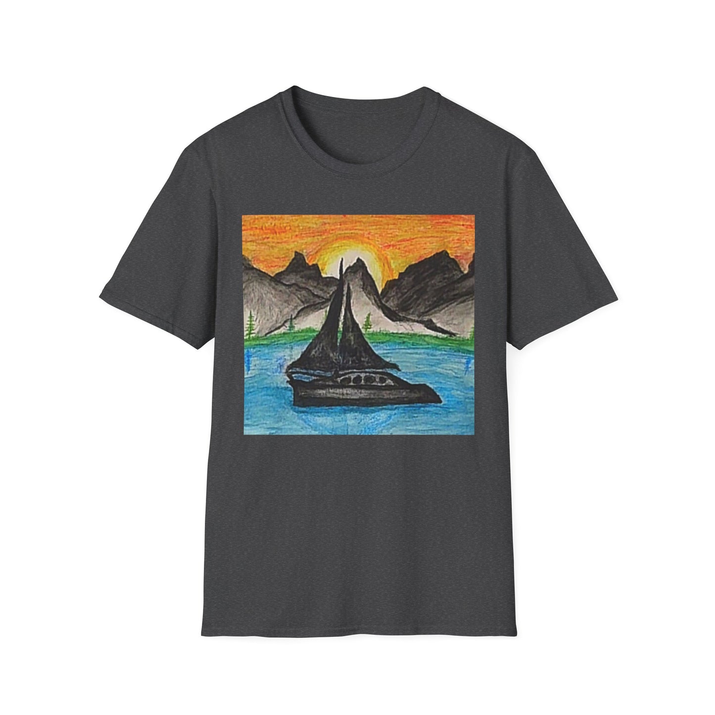 Whale Sunset Tee — Hand-Drawn Orca in Ocean with Mountain Sunrise