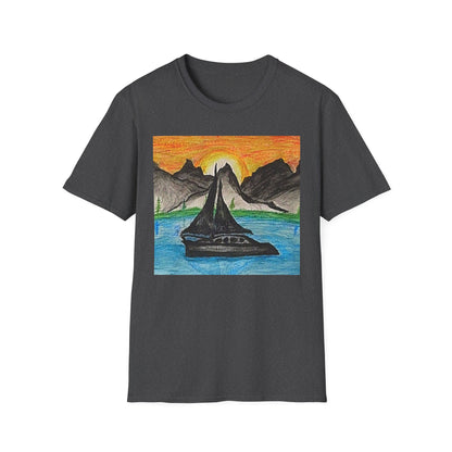Whale Sunset Tee — Hand-Drawn Orca in Ocean with Mountain Sunrise