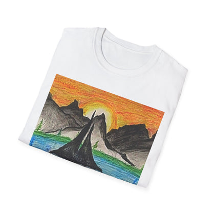 Whale Sunset Tee — Hand-Drawn Orca in Ocean with Mountain Sunrise