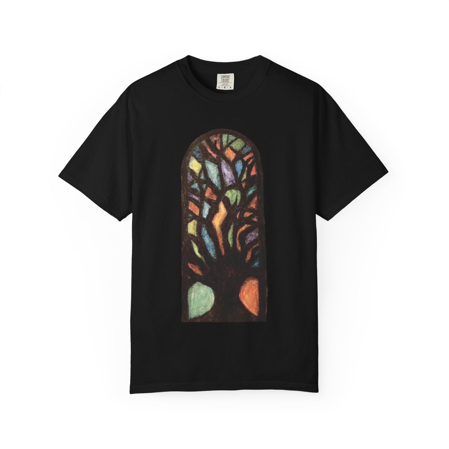 Stained Glass Tree T-Shirt — Colorful Arched Window Art Tee